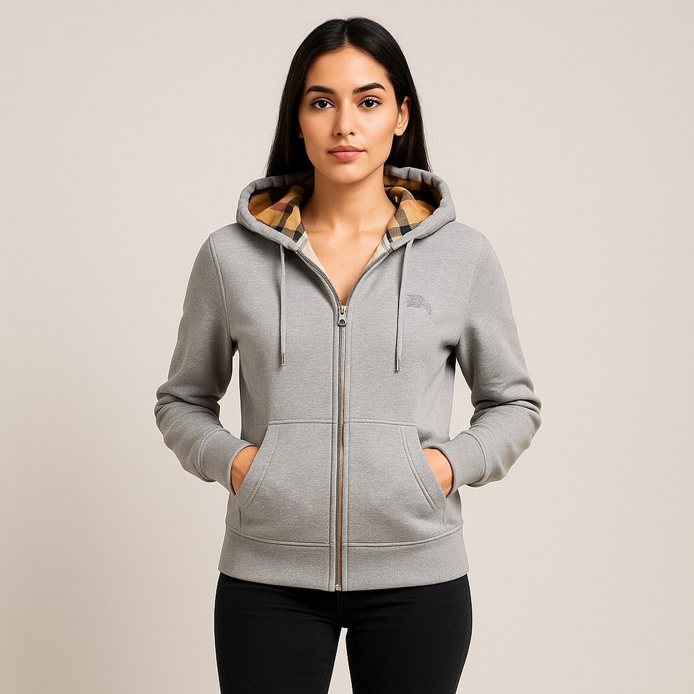 Burberry Nova Check Hooded Zip Hoodie Gray | Small Petite | Equestrian Logo - Picture 6 of 10